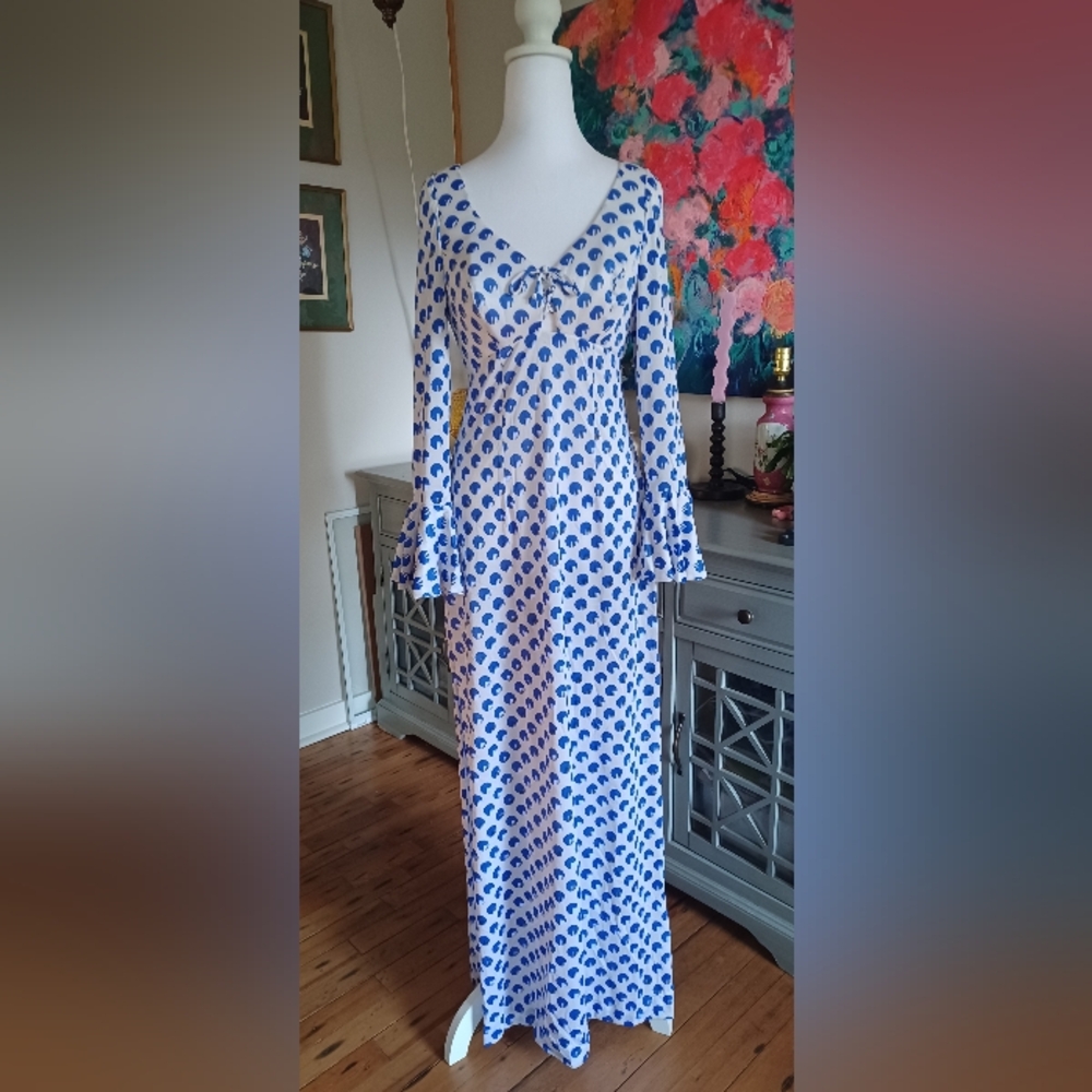 Blue and White Maxi Dress with Long Sleeves